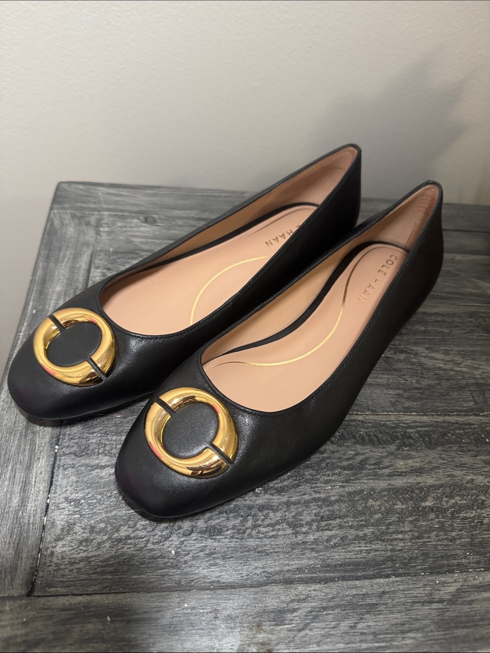 Cole Haan Black Leather Ballet Flats with Gold Circle Hardware